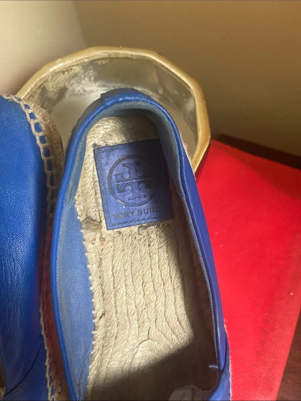 Tory Burch Royal Blue Leather Espadrille Wedges with Black Toe Cap